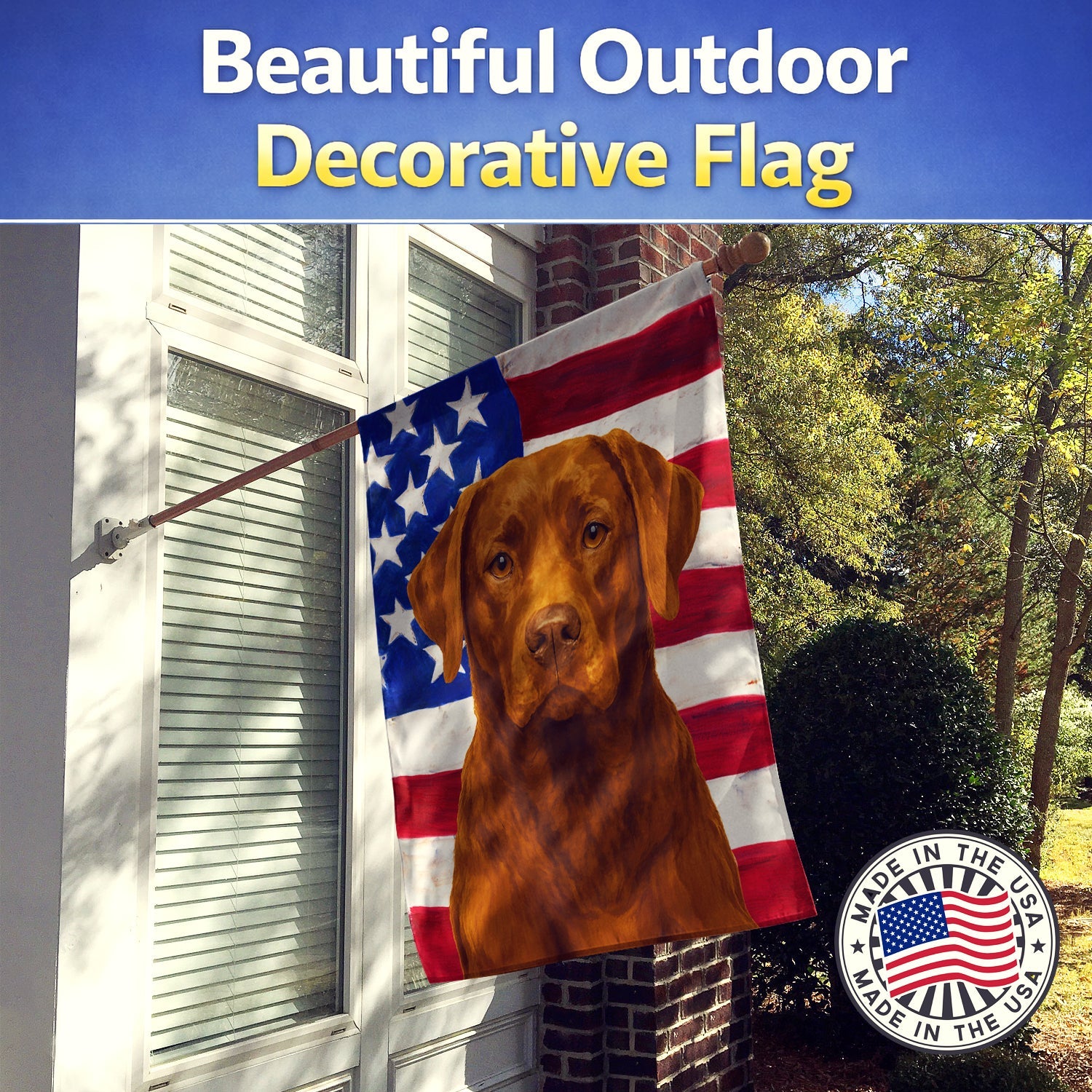 Chocolate Labrador Retriever American Flag House Flag 28x40 Porch Sleeve Pole Decorative Outside Yard Banner Artwork Wall Hanging, Polyester