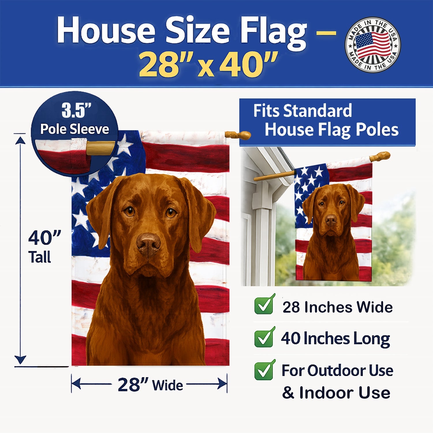 Chocolate Labrador Retriever American Flag House Flag 28x40 Porch Sleeve Pole Decorative Outside Yard Banner Artwork Wall Hanging, Polyester