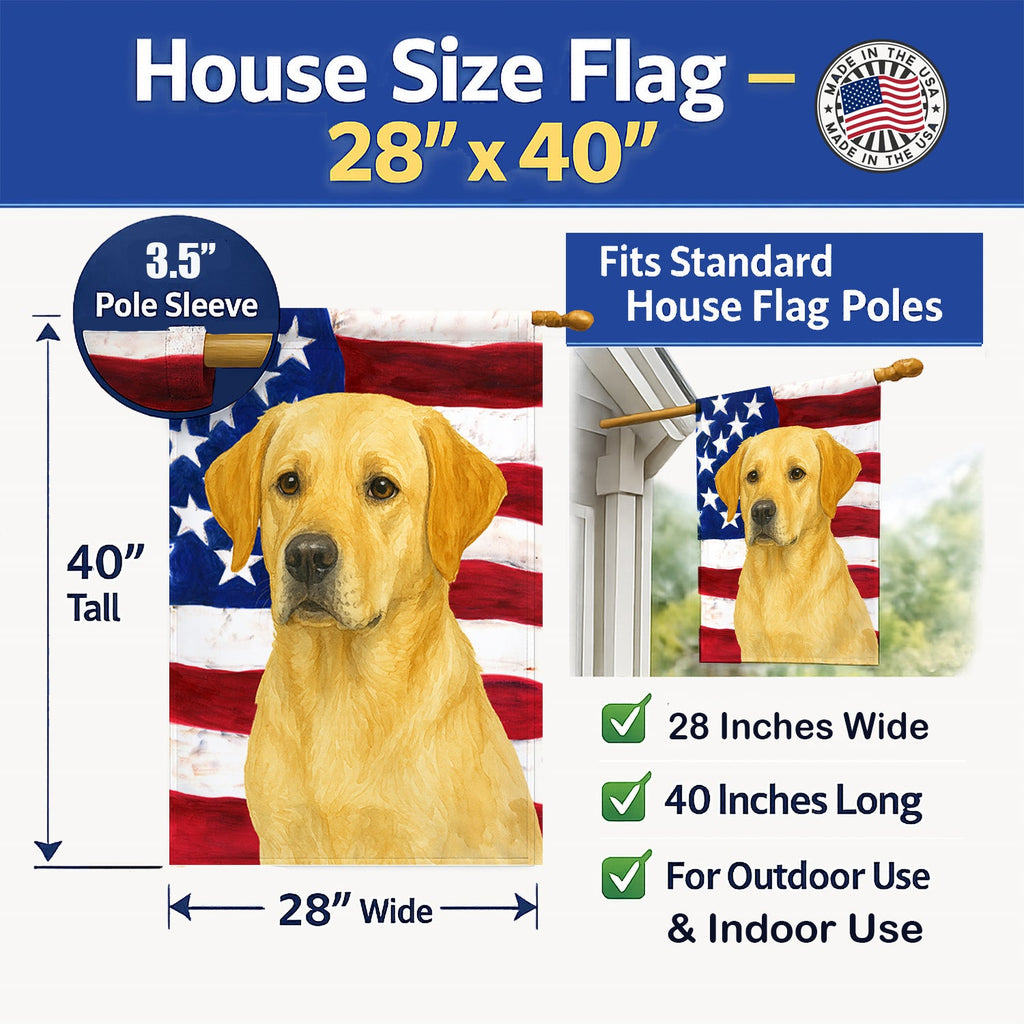 Yellow Labrador Retriever American Flag House Flag 28x40 Porch Sleeve Pole Decorative Outside Yard Banner Artwork Wall Hanging, Polyester