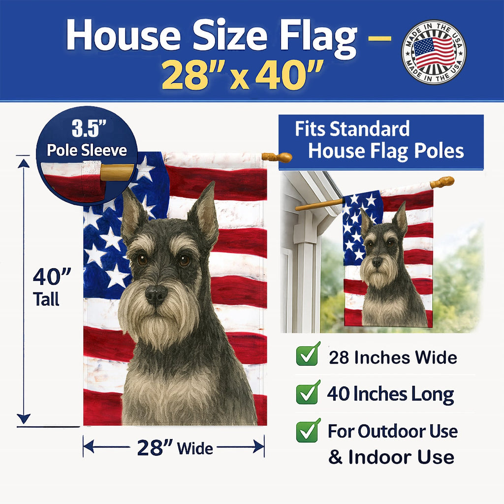 Black and Silver Schnauzer American Flag House Flag 28x40 Porch Sleeve Pole Decorative Outside Yard Banner Artwork Wall Hanging, Polyester