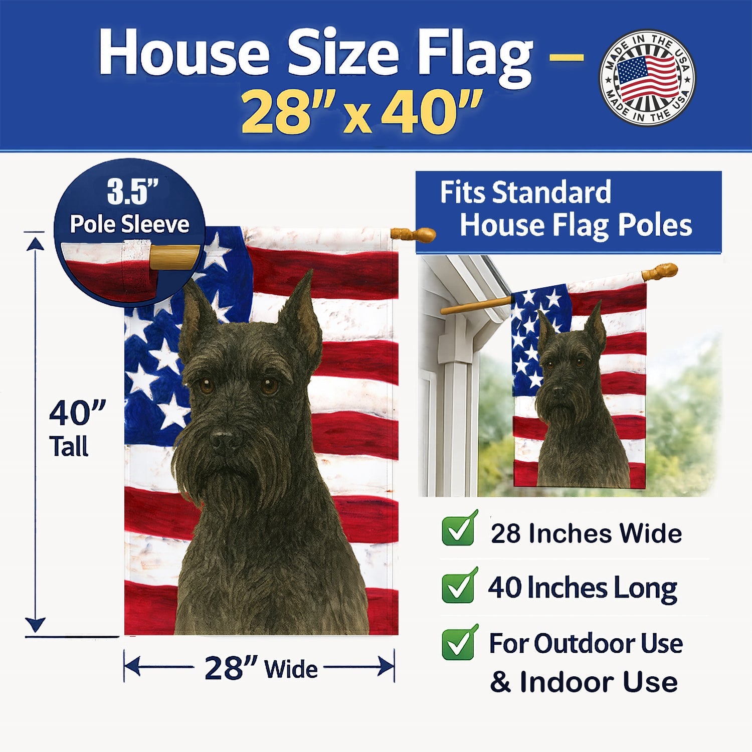 Black Schnauzer American Flag House Flag 28x40 Porch Sleeve Pole Decorative Outside Yard Banner Artwork Wall Hanging, Polyester