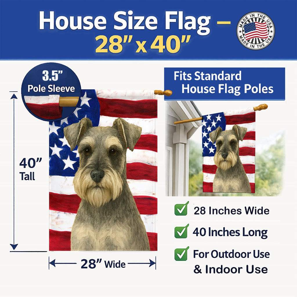 Schnauzer American Flag House Flag 28x40 Porch Sleeve Pole Decorative Outside Yard Banner Artwork Wall Hanging, Polyester