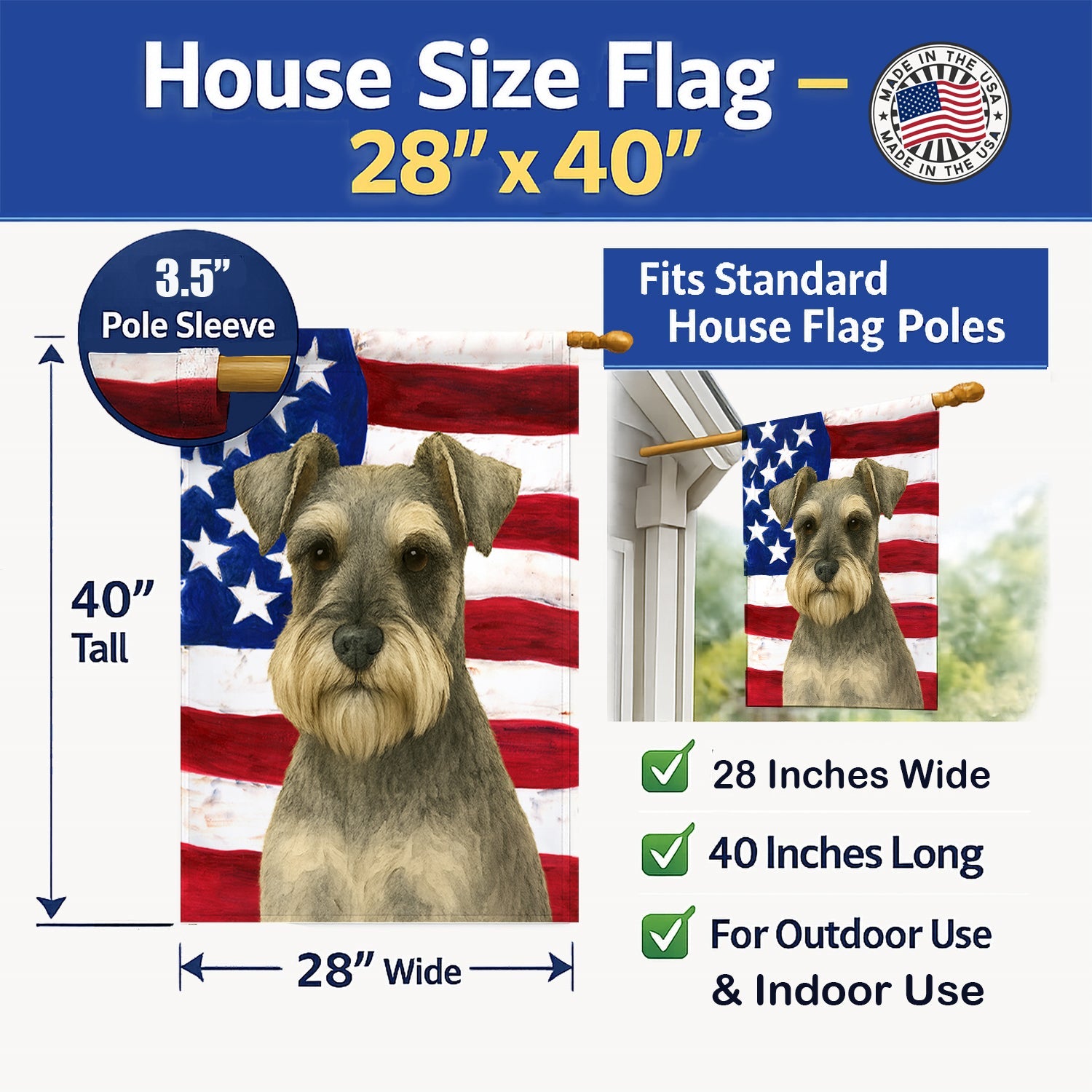 Schnauzer American Flag House Flag 28x40 Porch Sleeve Pole Decorative Outside Yard Banner Artwork Wall Hanging, Polyester