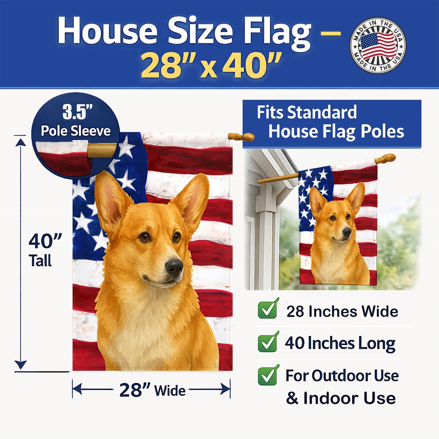 Fawn Pembroke Welsh Corgi American Flag House Flag 28x40 Porch Sleeve Pole Decorative Outside Yard Banner Artwork Wall Hanging, Polyester