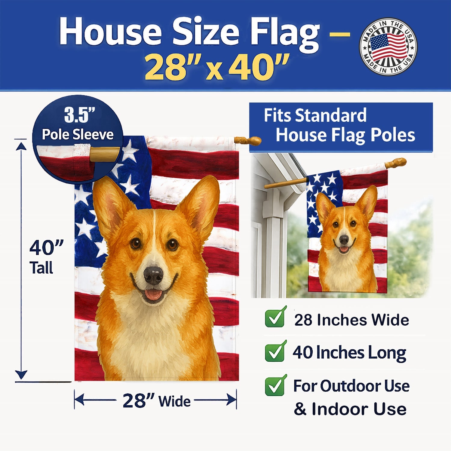 Red and White Pembroke Welsh Corgi American Flag House Flag 28x40 Porch Sleeve Pole Decorative Outside Yard Banner Artwork Wall Hanging, Polyester
