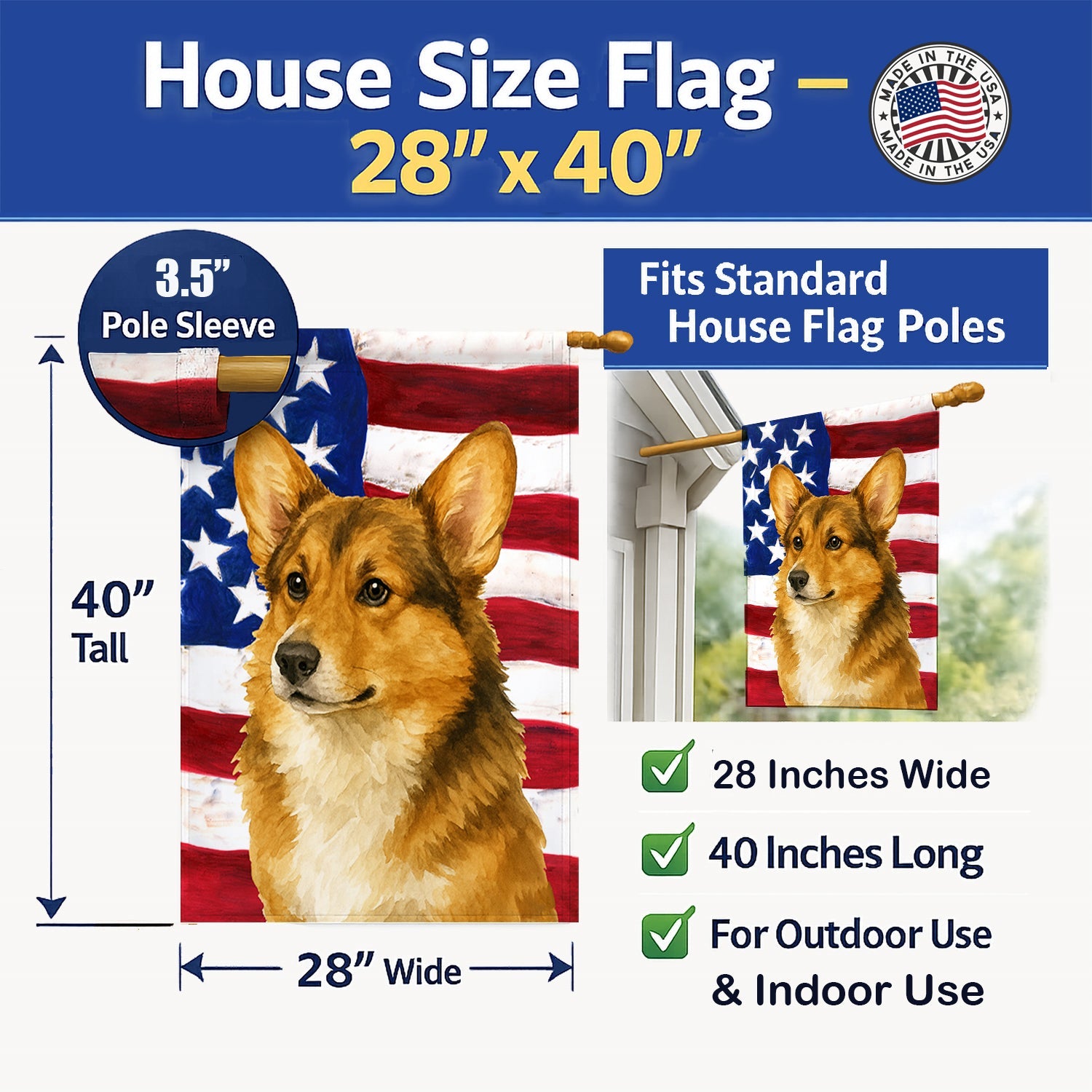 Sable Pembroke Welsh Corgi American Flag House Flag 28x40 Porch Sleeve Pole Decorative Outside Yard Banner Artwork Wall Hanging, Polyester