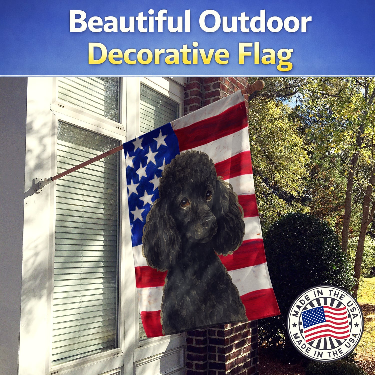 Black Miniature Poodle American Flag House Flag 28x40 Porch Sleeve Pole Decorative Outside Yard Banner Artwork Wall Hanging, Polyester