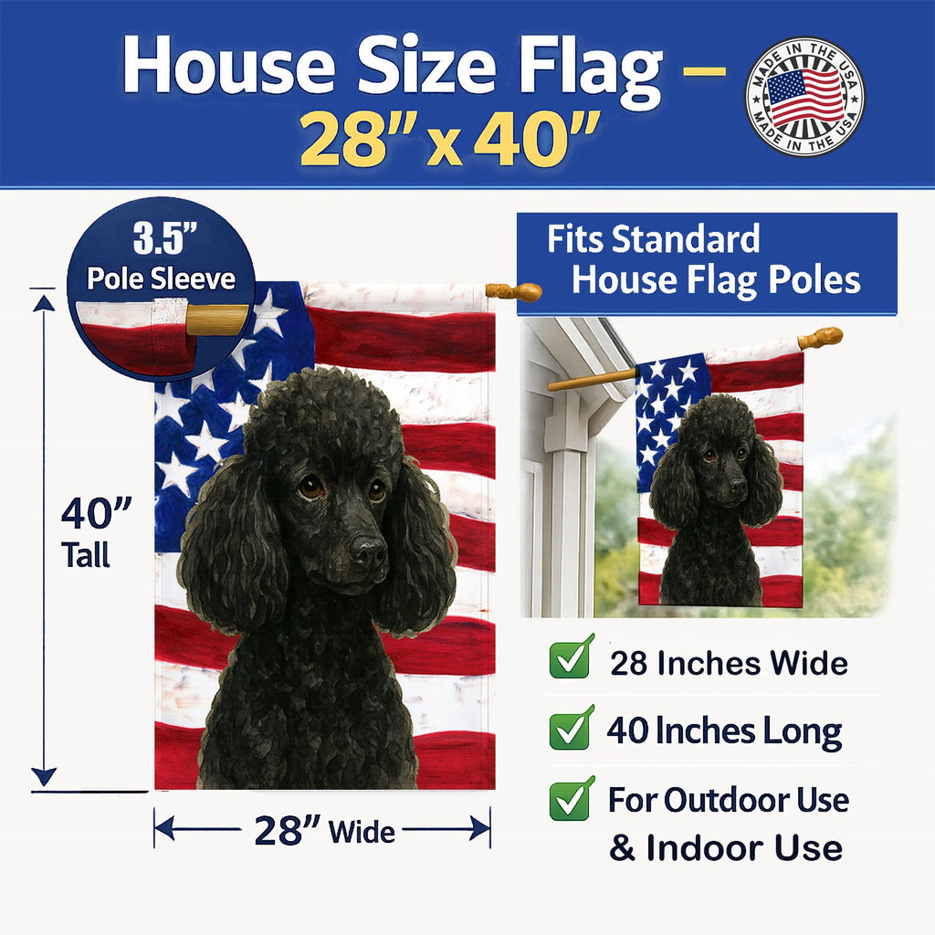 Black Miniature Poodle American Flag House Flag 28x40 Porch Sleeve Pole Decorative Outside Yard Banner Artwork Wall Hanging, Polyester