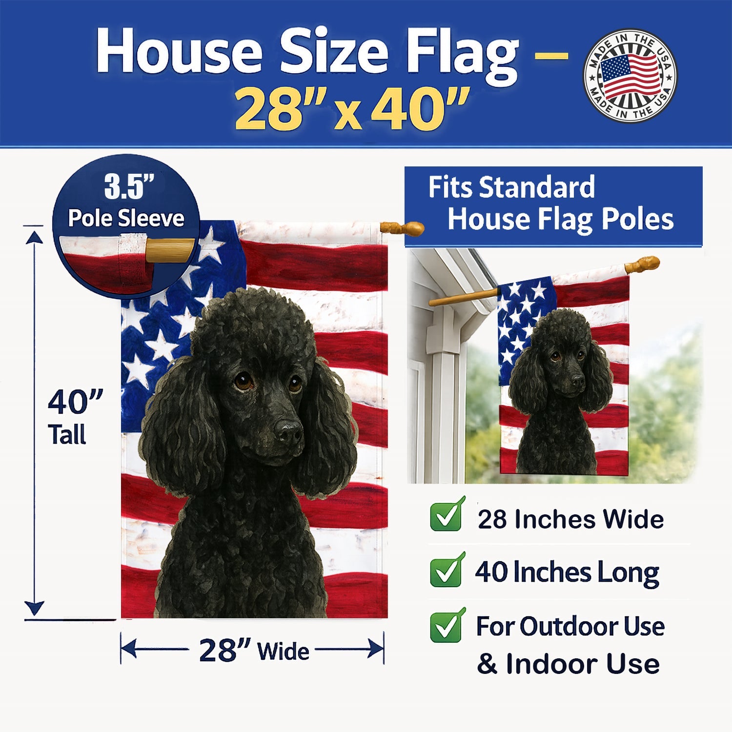 Black Miniature Poodle American Flag House Flag 28x40 Porch Sleeve Pole Decorative Outside Yard Banner Artwork Wall Hanging, Polyester