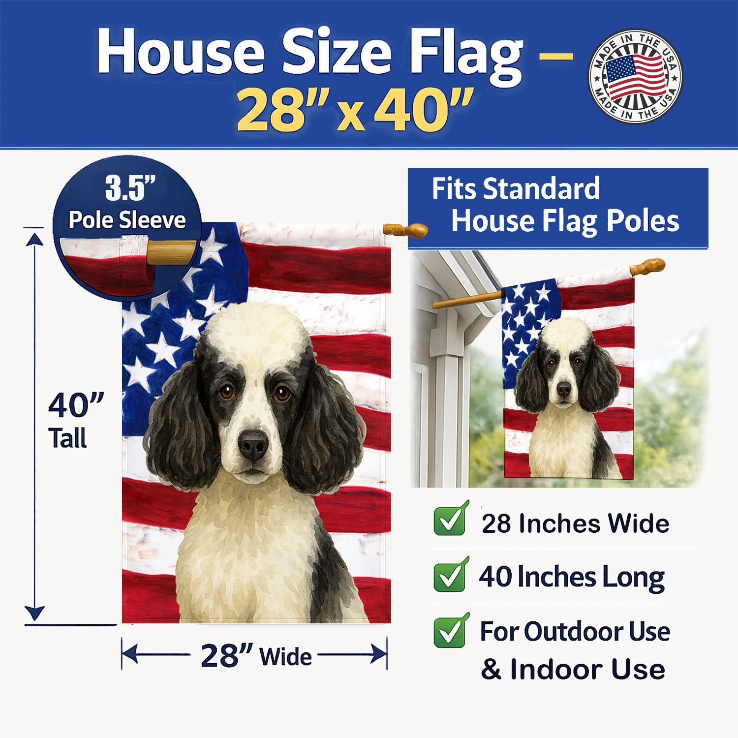 Parti Miniature Poodle American Flag House Flag 28x40 Porch Sleeve Pole Decorative Outside Yard Banner Artwork Wall Hanging, Polyester