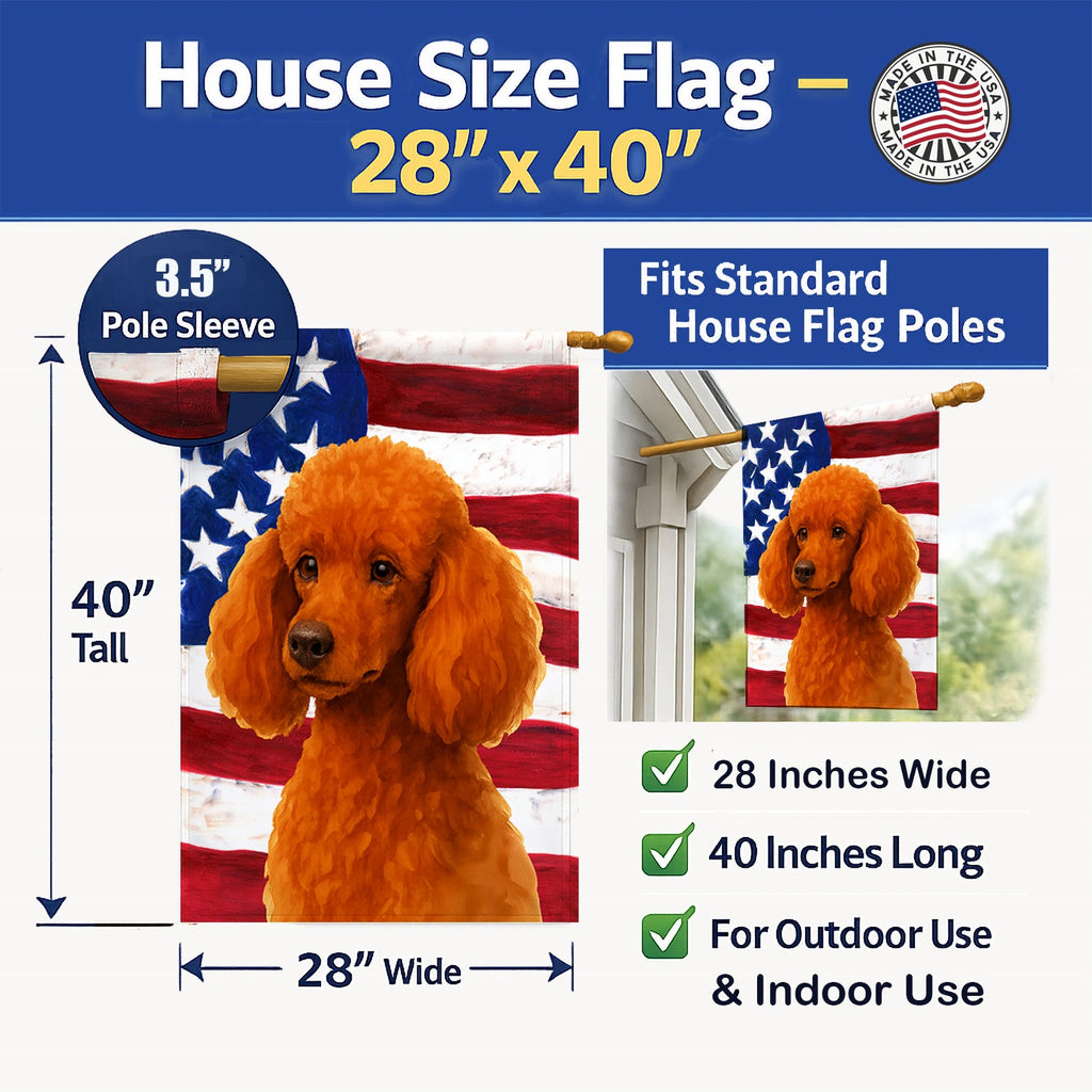 Red Miniature Poodle American Flag House Flag 28x40 Porch Sleeve Pole Decorative Outside Yard Banner Artwork Wall Hanging, Polyester