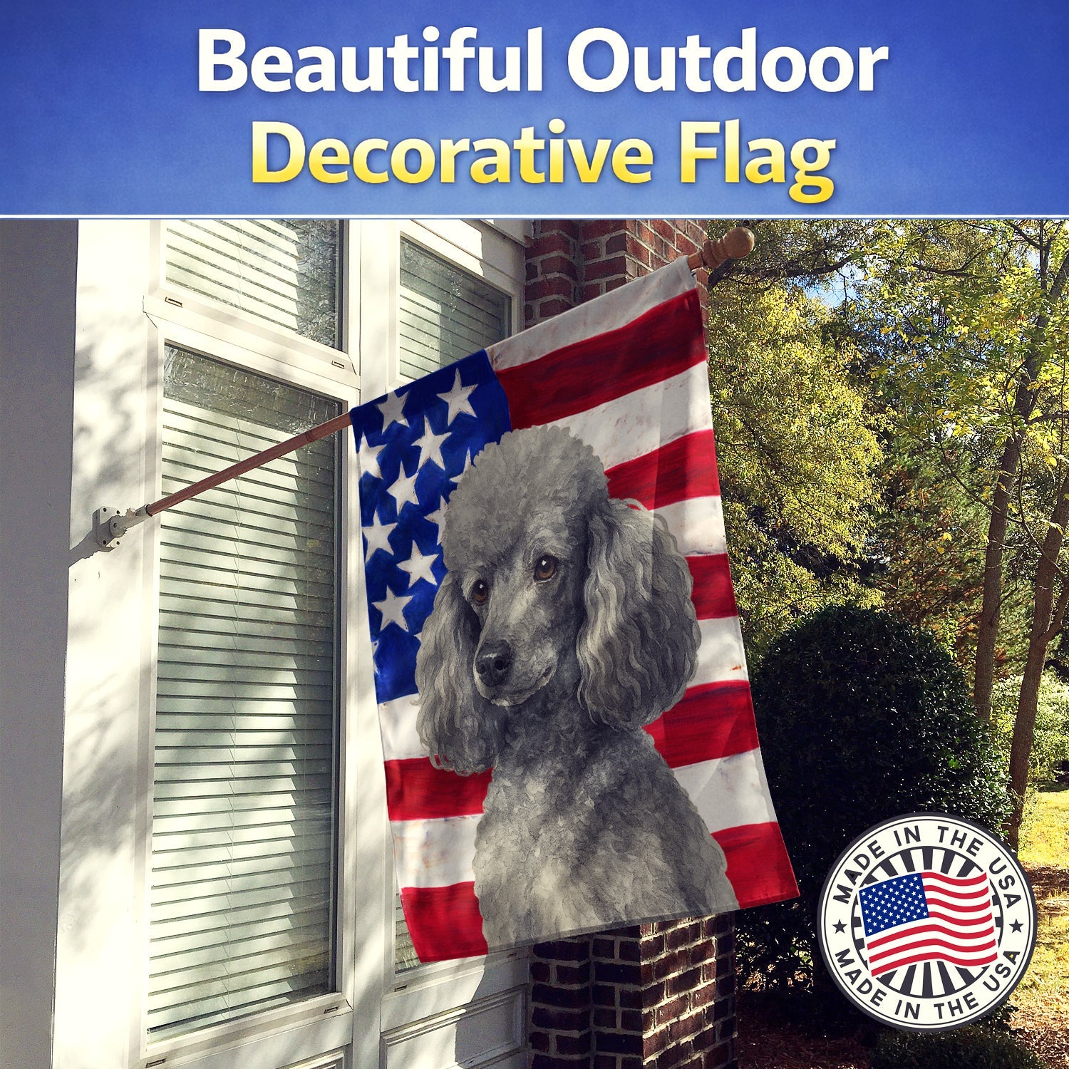 Silver Miniature Poodle American Flag House Flag 28x40 Porch Sleeve Pole Decorative Outside Yard Banner Artwork Wall Hanging, Polyester
