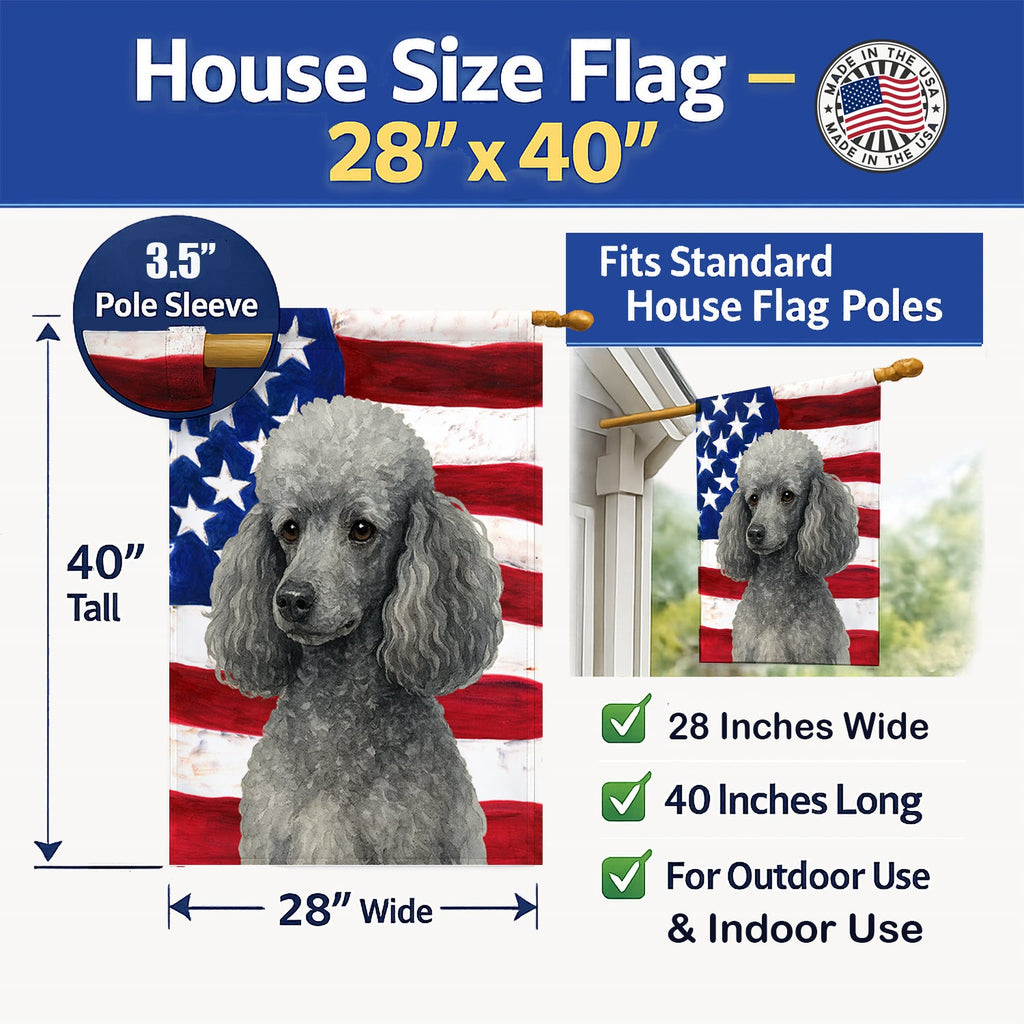 Silver Miniature Poodle American Flag House Flag 28x40 Porch Sleeve Pole Decorative Outside Yard Banner Artwork Wall Hanging, Polyester