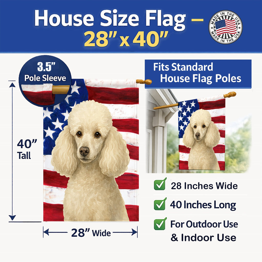 White Miniature Poodle American Flag House Flag 28x40 Porch Sleeve Pole Decorative Outside Yard Banner Artwork Wall Hanging, Polyester