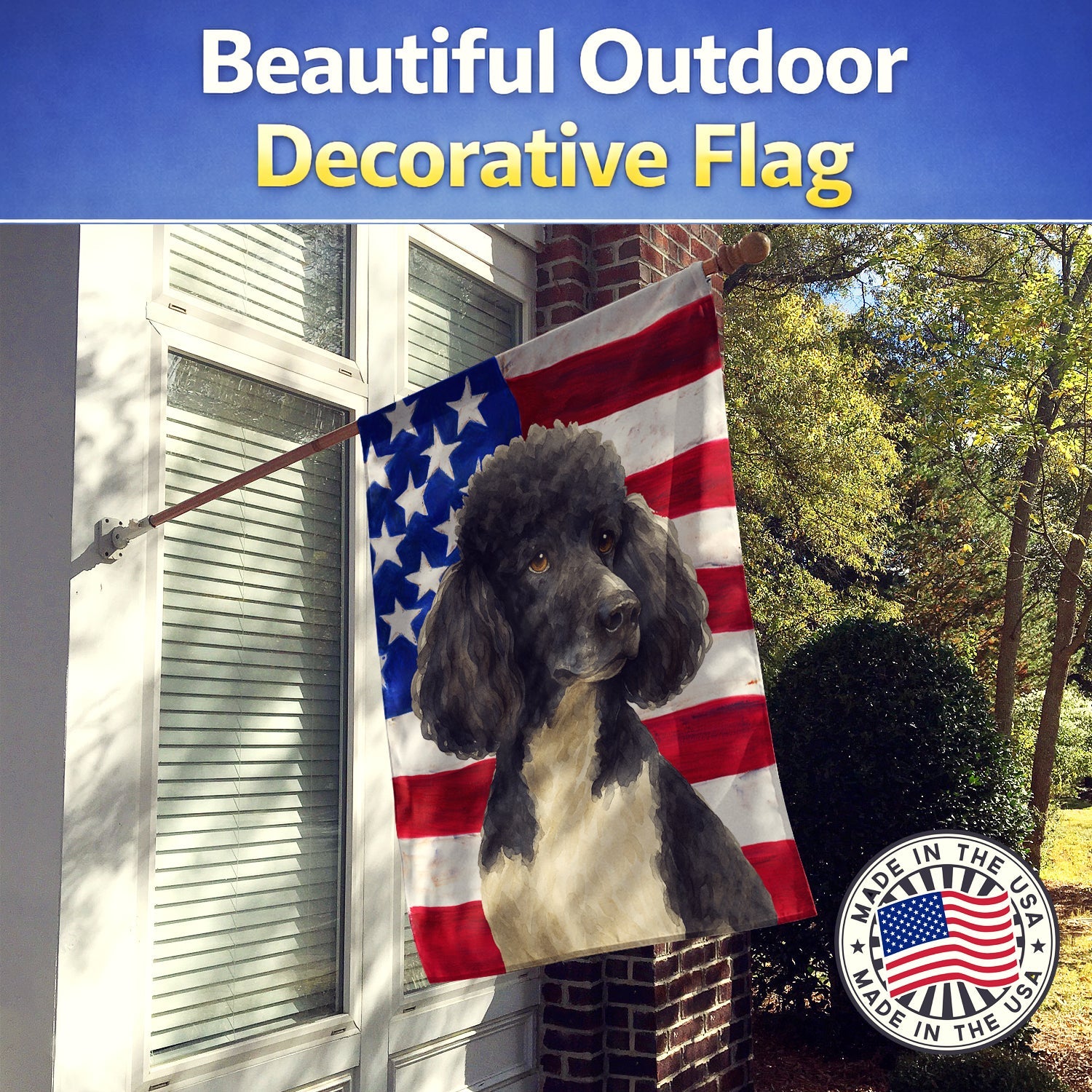 Parti Standard Poodle American Flag House Flag 28x40 Porch Sleeve Pole Decorative Outside Yard Banner Artwork Wall Hanging, Polyester