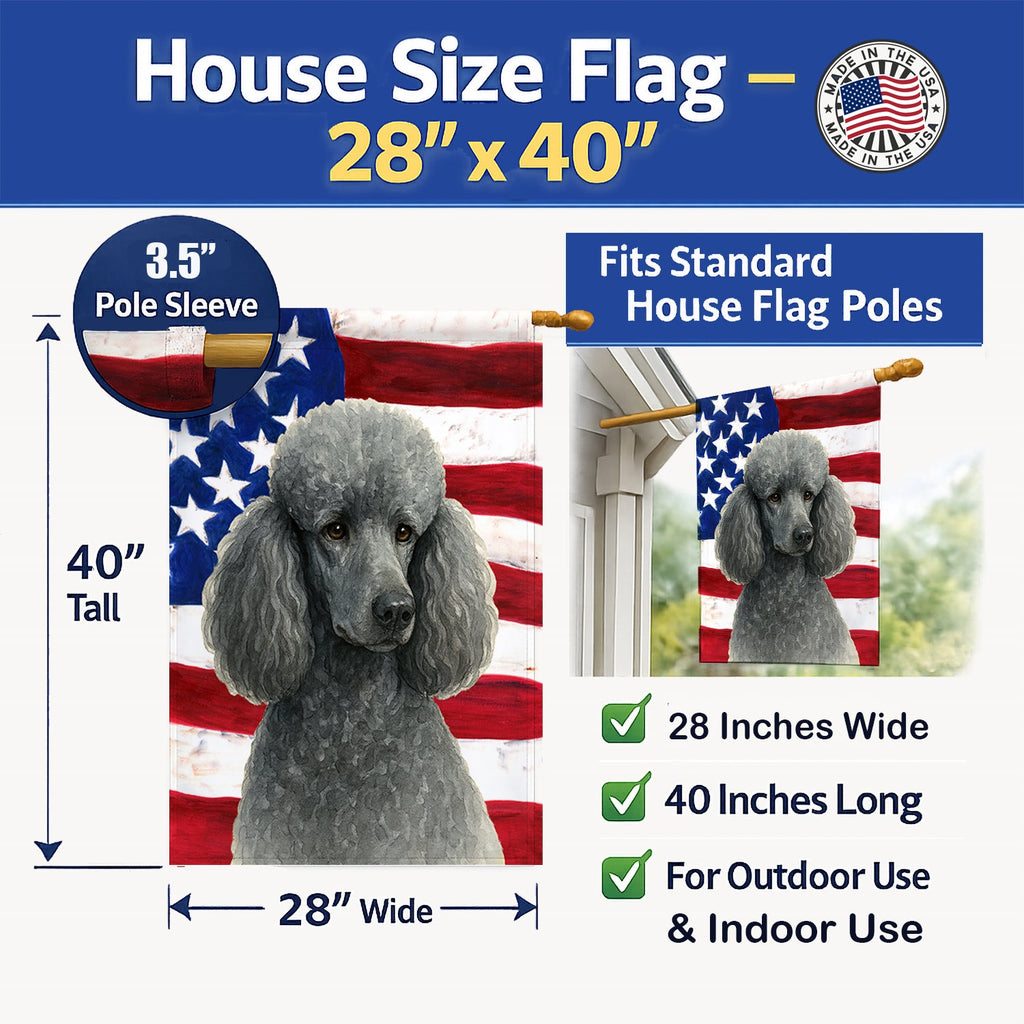 Silver Standard Poodle American Flag House Flag 28x40 Porch Sleeve Pole Decorative Outside Yard Banner Artwork Wall Hanging, Polyester