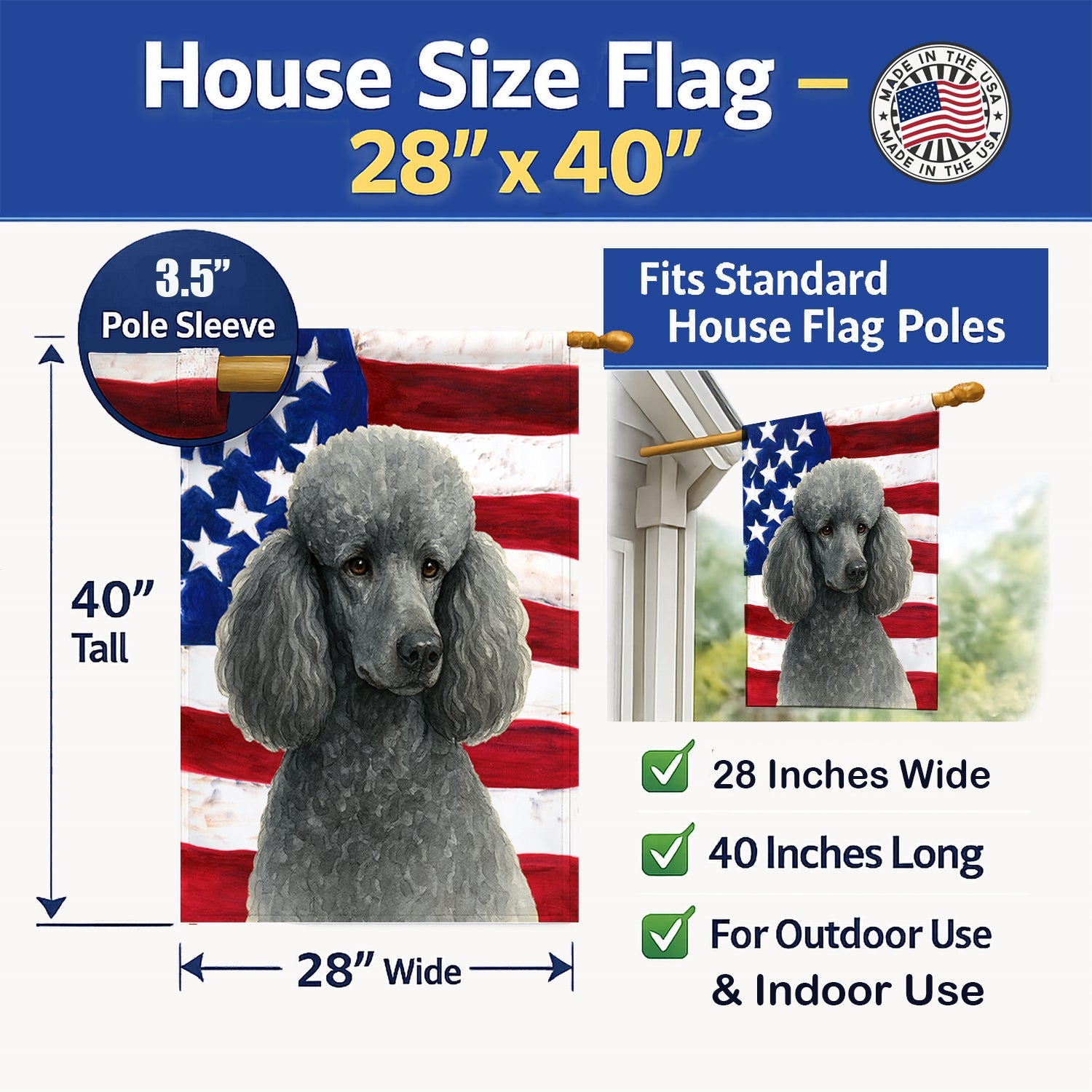 Silver Standard Poodle American Flag House Flag 28x40 Porch Sleeve Pole Decorative Outside Yard Banner Artwork Wall Hanging, Polyester