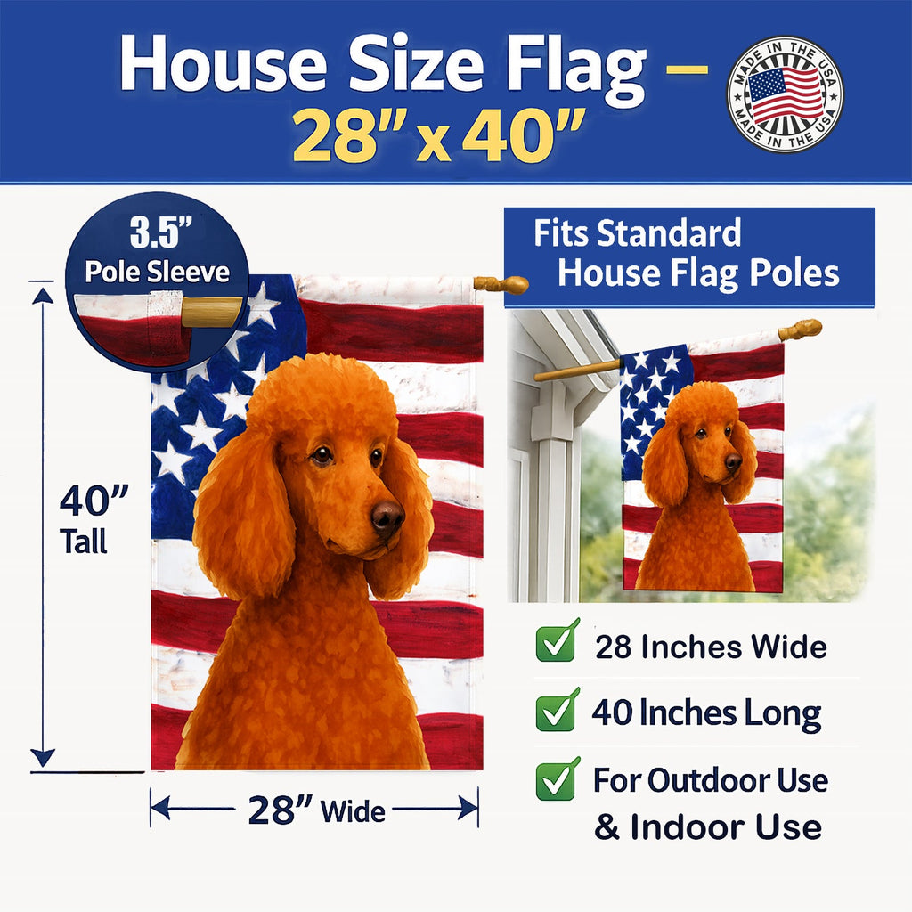 Red Standard Poodle American Flag House Flag 28x40 Porch Sleeve Pole Decorative Outside Yard Banner Artwork Wall Hanging, Polyester
