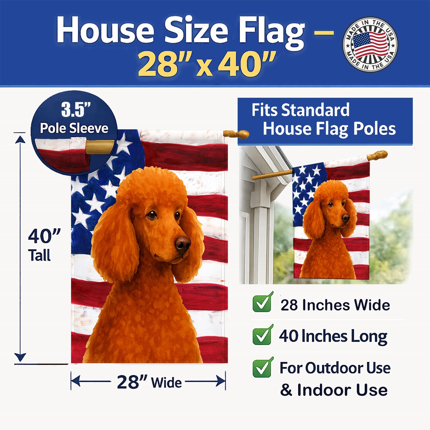 Red Standard Poodle American Flag House Flag 28x40 Porch Sleeve Pole Decorative Outside Yard Banner Artwork Wall Hanging, Polyester