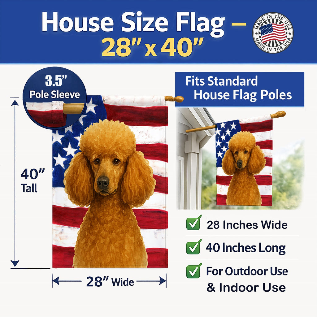 Apricot Standard Poodle American Flag House Flag 28x40 Porch Sleeve Pole Decorative Outside Yard Banner Artwork Wall Hanging, Polyester
