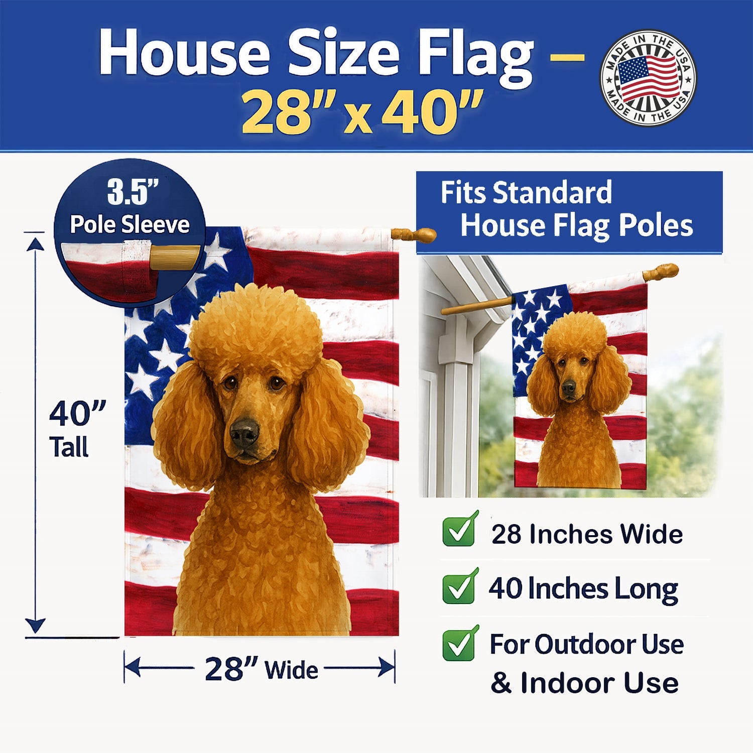 Apricot Standard Poodle American Flag House Flag 28x40 Porch Sleeve Pole Decorative Outside Yard Banner Artwork Wall Hanging, Polyester
