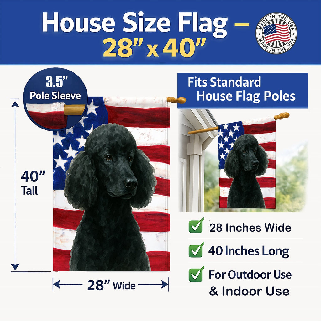 Black Standard Poodle American Flag House Flag 28x40 Porch Sleeve Pole Decorative Outside Yard Banner Artwork Wall Hanging, Polyester