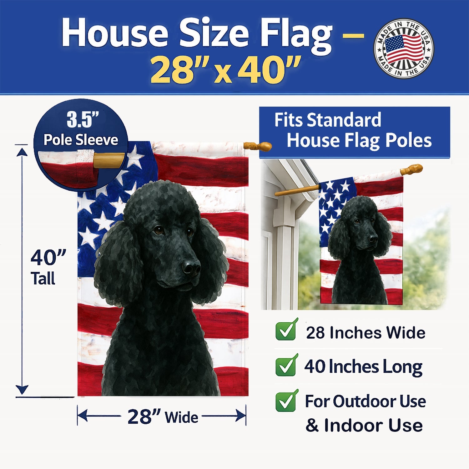 Black Standard Poodle American Flag House Flag 28x40 Porch Sleeve Pole Decorative Outside Yard Banner Artwork Wall Hanging, Polyester