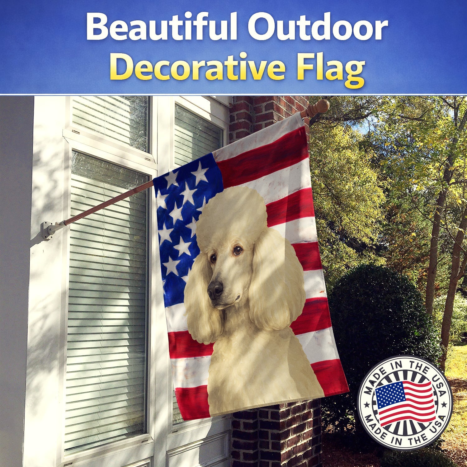 White Standard Poodle American Flag House Flag 28x40 Porch Sleeve Pole Decorative Outside Yard Banner Artwork Wall Hanging, Polyester