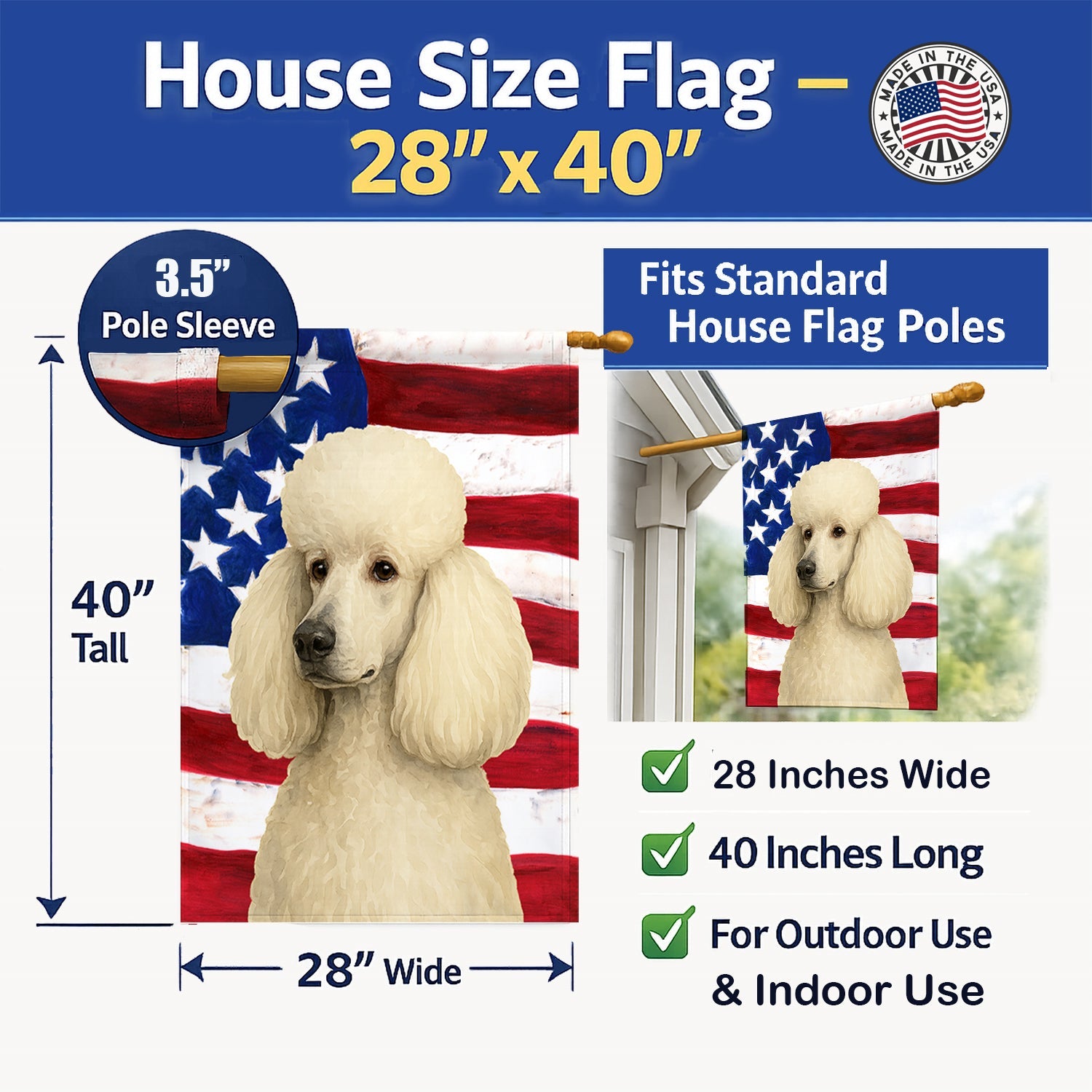 White Standard Poodle American Flag House Flag 28x40 Porch Sleeve Pole Decorative Outside Yard Banner Artwork Wall Hanging, Polyester