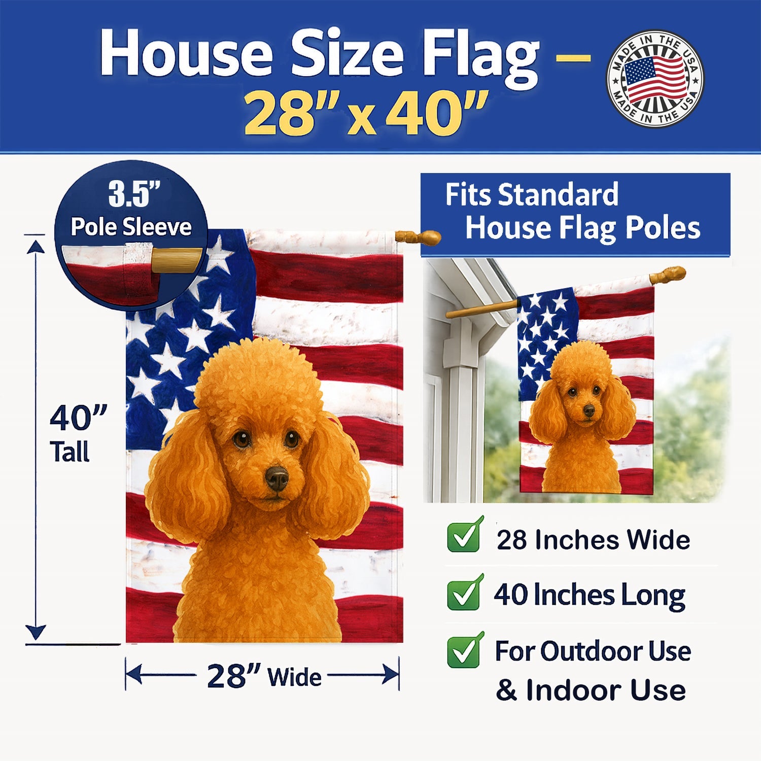 Apricot Toy Poodle American Flag House Flag 28x40 Porch Sleeve Pole Decorative Outside Yard Banner Artwork Wall Hanging, Polyester