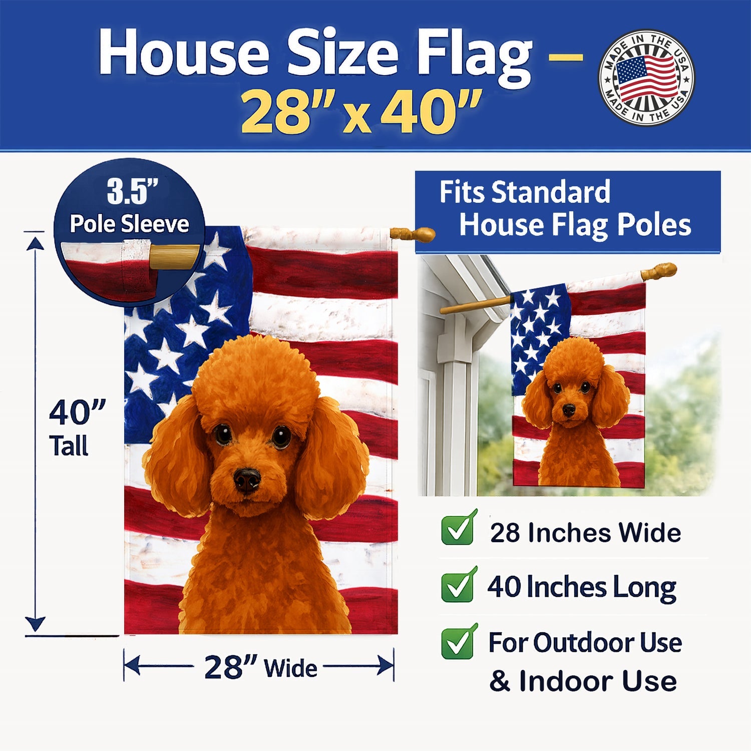 Red Toy Poodle American Flag House Flag 28x40 Porch Sleeve Pole Decorative Outside Yard Banner Artwork Wall Hanging, Polyester