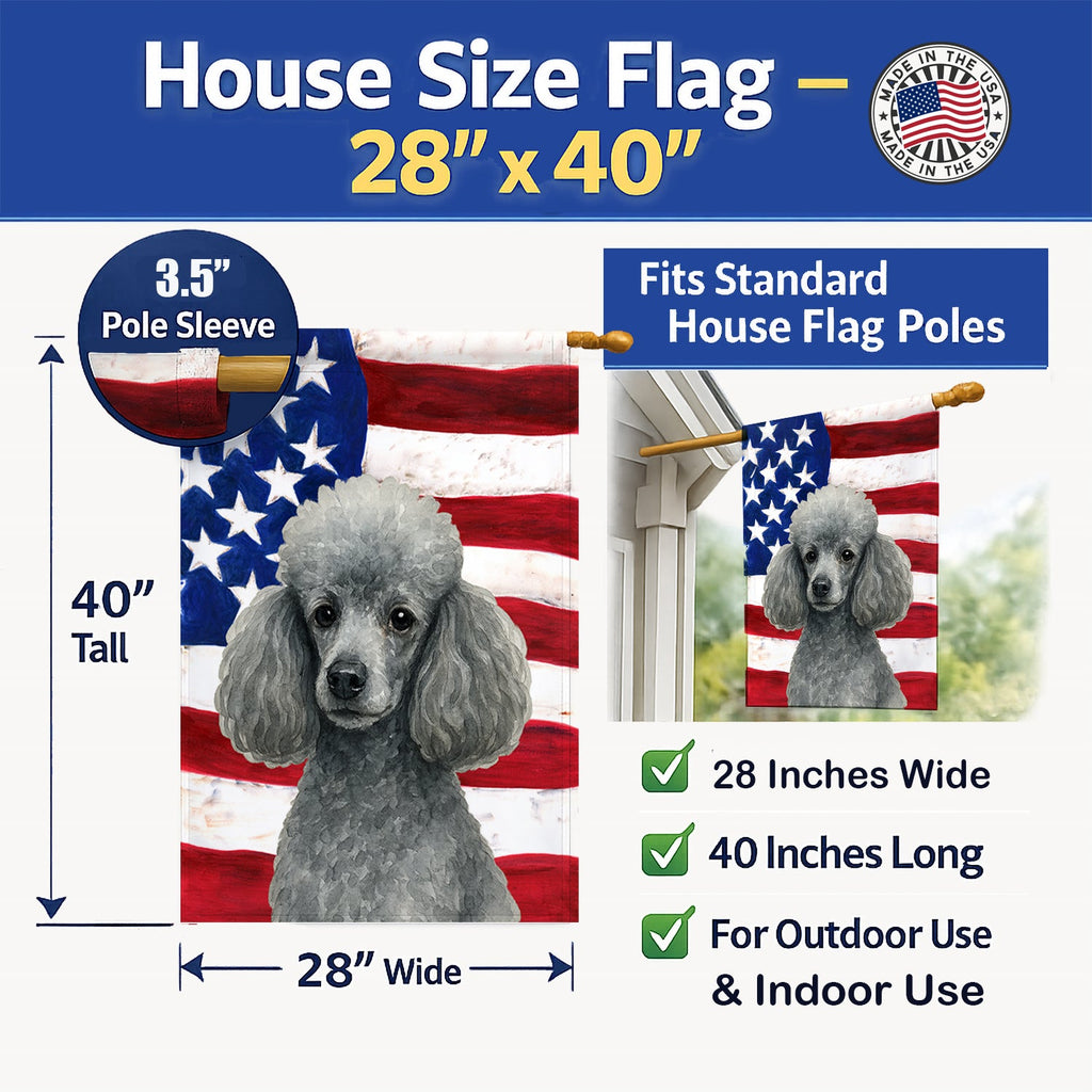 Silver Toy Poodle American Flag House Flag 28x40 Porch Sleeve Pole Decorative Outside Yard Banner Artwork Wall Hanging, Polyester