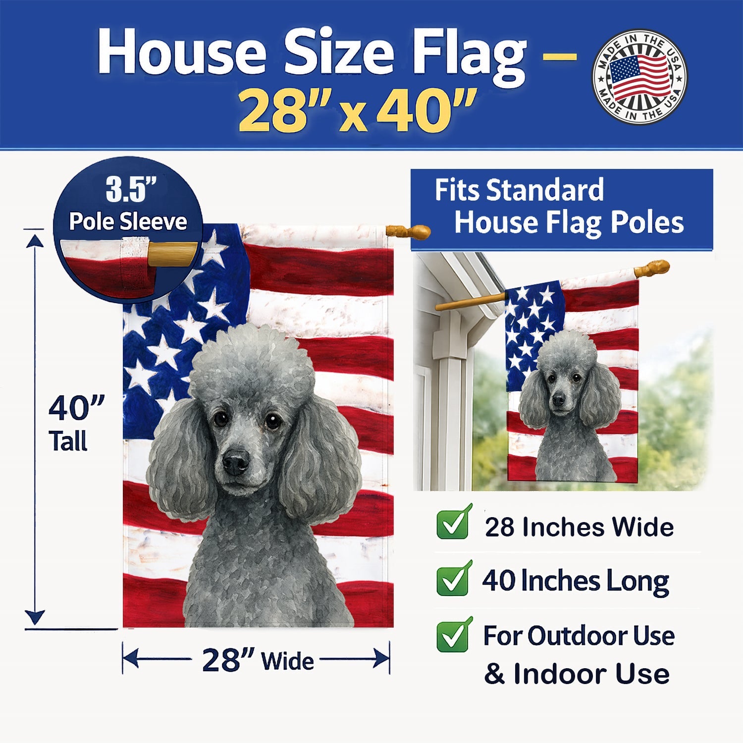 Silver Toy Poodle American Flag House Flag 28x40 Porch Sleeve Pole Decorative Outside Yard Banner Artwork Wall Hanging, Polyester