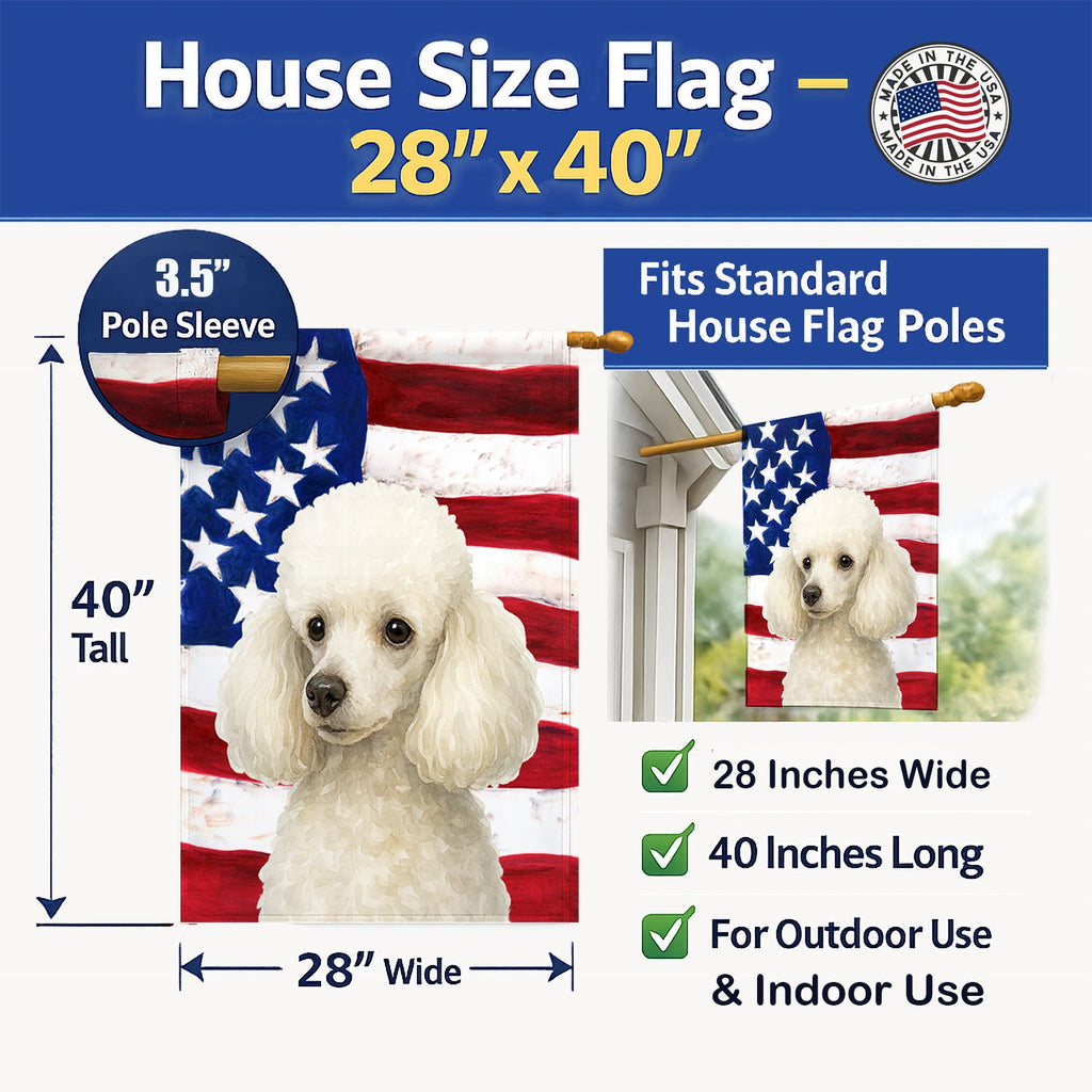 White Toy Poodle American Flag House Flag 28x40 Porch Sleeve Pole Decorative Outside Yard Banner Artwork Wall Hanging, Polyester