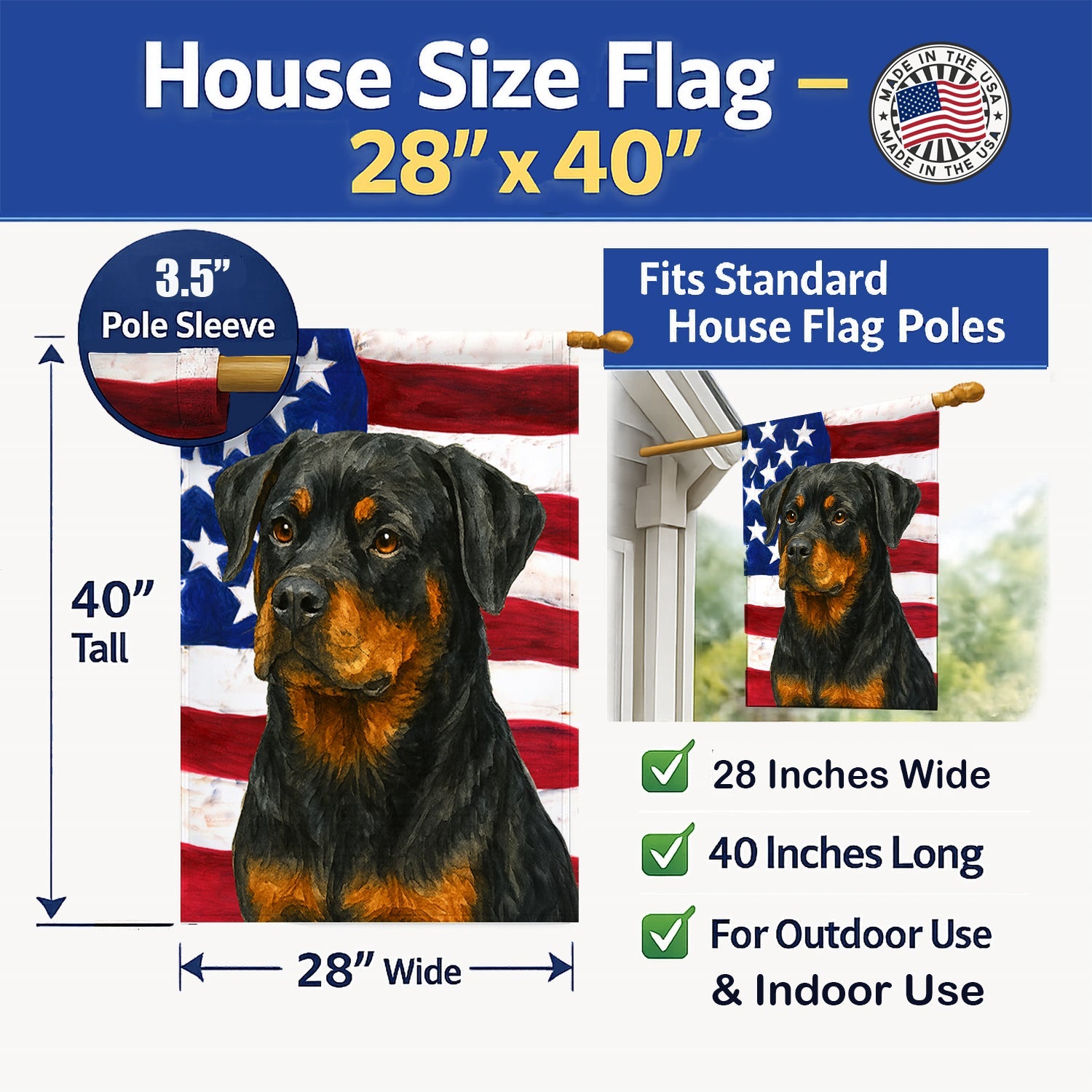 Rottweiler American Flag House Flag 28x40 Porch Sleeve Pole Decorative Outside Yard Banner Artwork Wall Hanging, Polyester