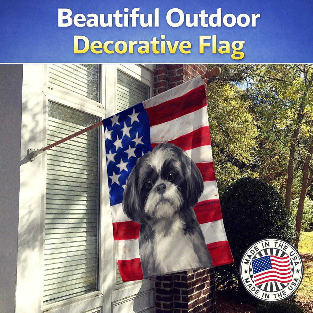Black and White Shih Tzu American Flag House Flag 28x40 Porch Sleeve Pole Decorative Outside Yard Banner Artwork Wall Hanging, Polyester