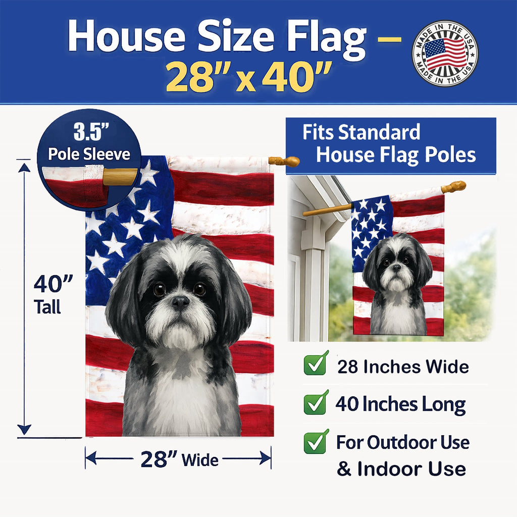 Black and White Shih Tzu American Flag House Flag 28x40 Porch Sleeve Pole Decorative Outside Yard Banner Artwork Wall Hanging, Polyester