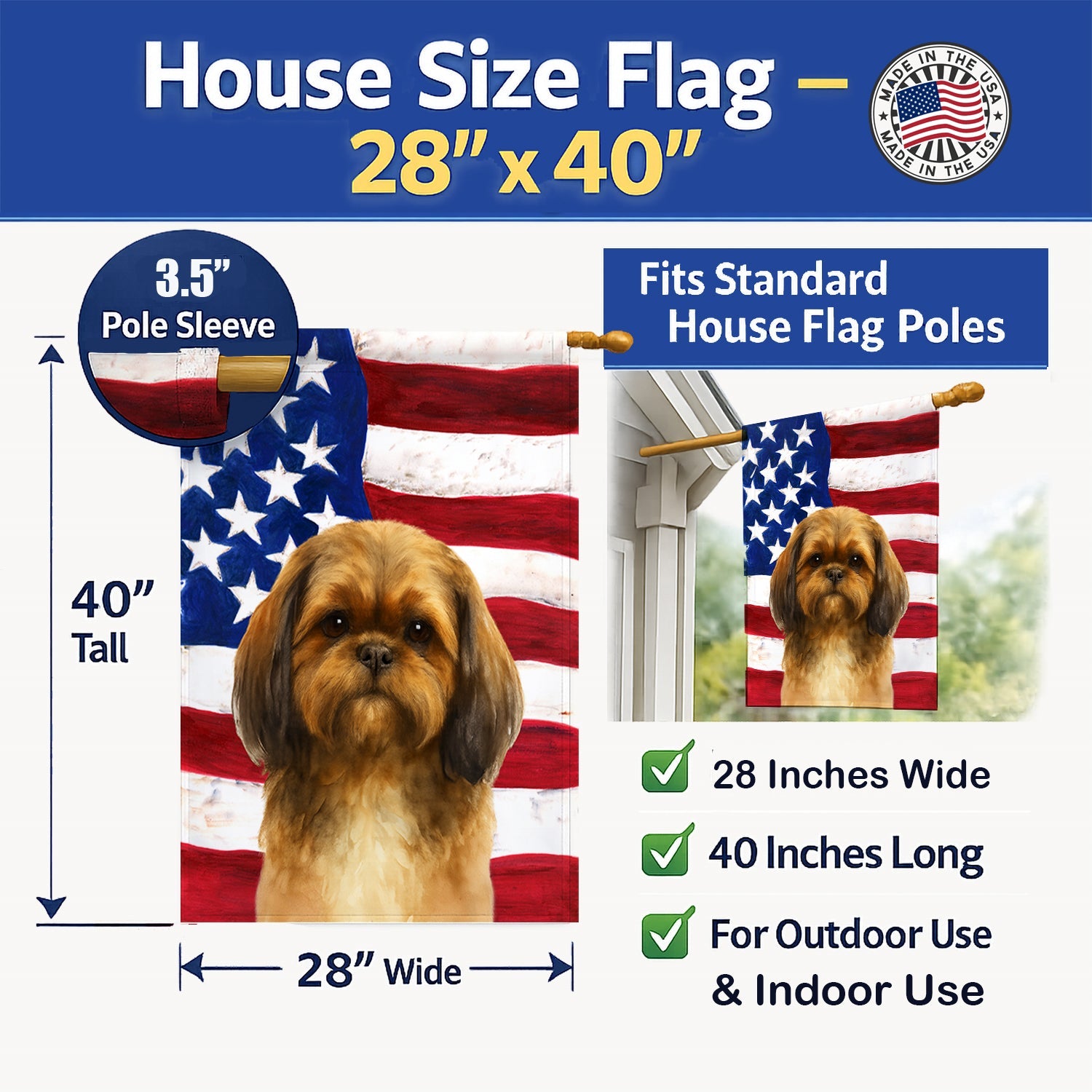 Brindle Shih Tzu American Flag House Flag 28x40 Porch Sleeve Pole Decorative Outside Yard Banner Artwork Wall Hanging, Polyester