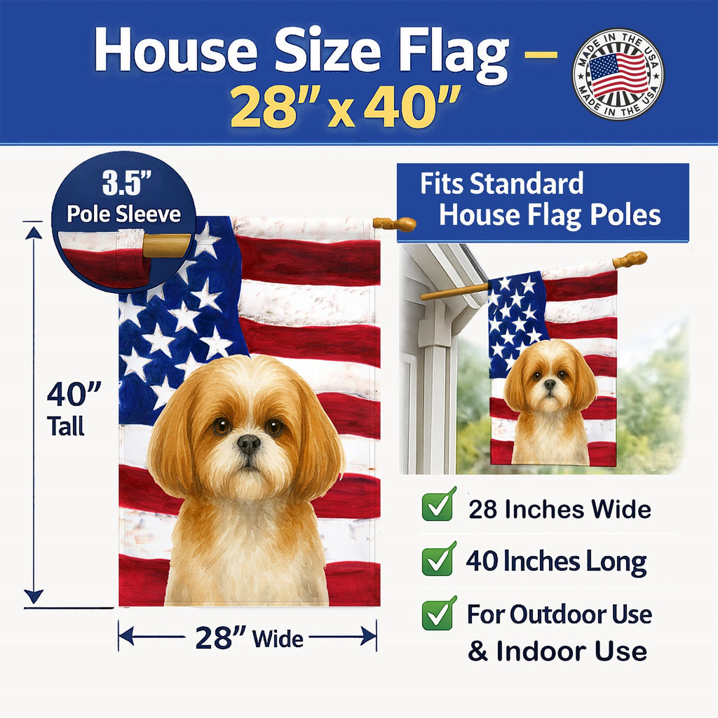 Gold and White Shih Tzu American Flag House Flag 28x40 Porch Sleeve Pole Decorative Outside Yard Banner Artwork Wall Hanging, Polyester