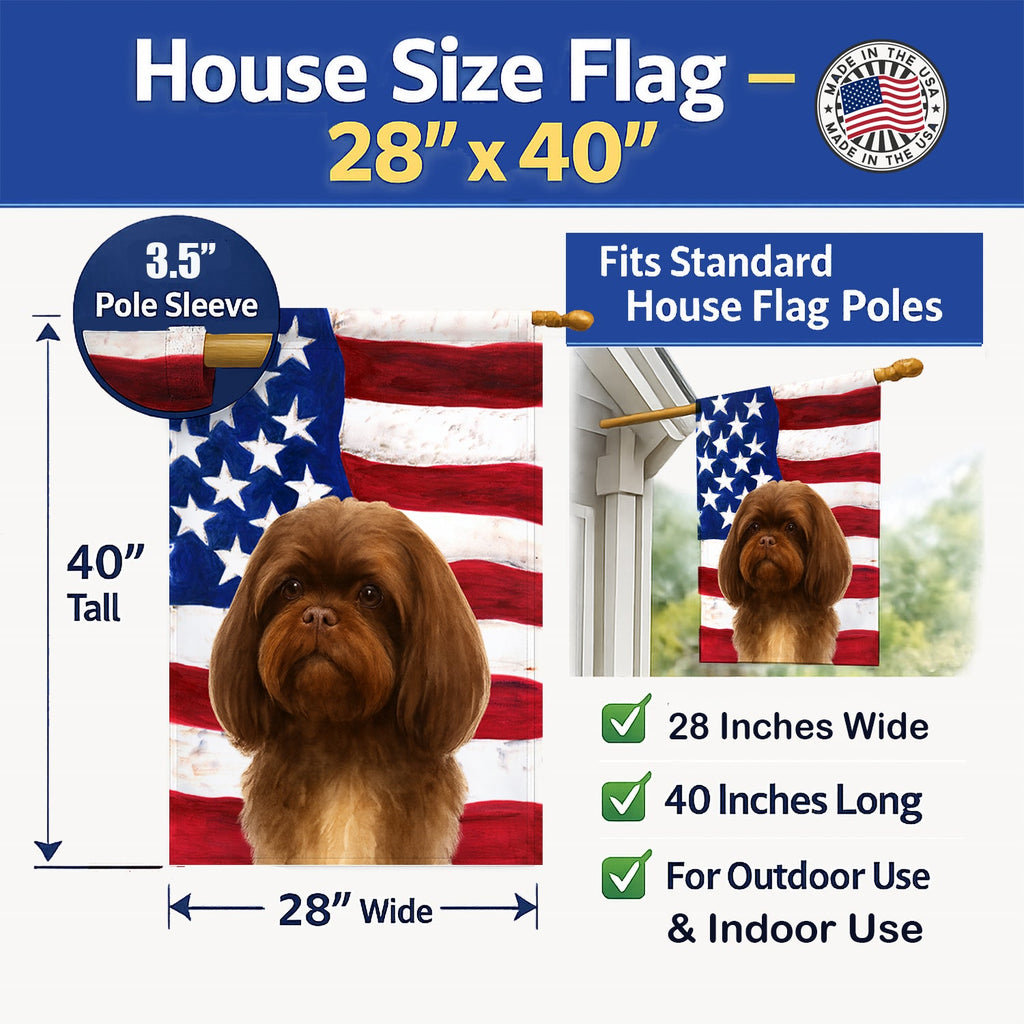 Liver Shih Tzu American Flag House Flag 28x40 Porch Sleeve Pole Decorative Outside Yard Banner Artwork Wall Hanging, Polyester