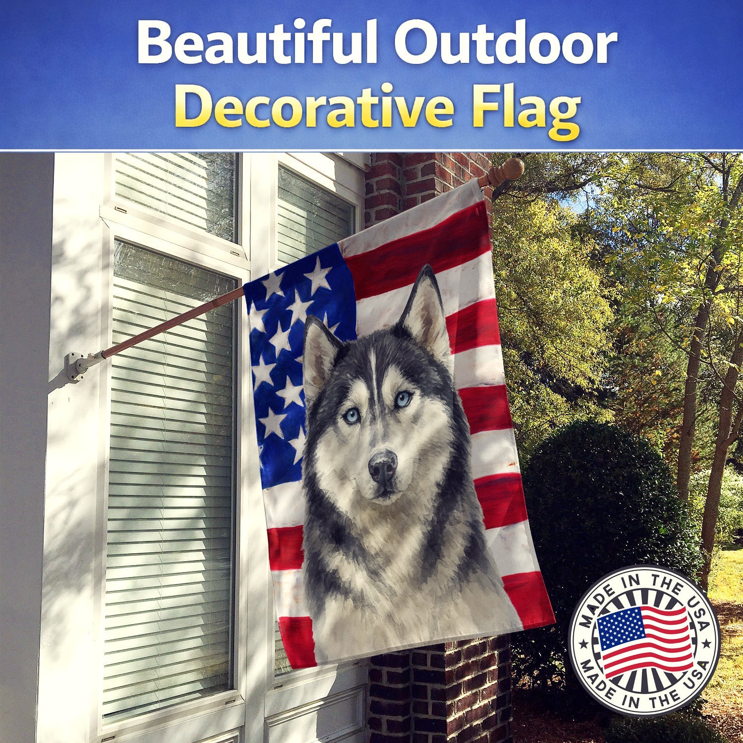 Black and White Siberian Husky American Flag House Flag 28x40 Porch Sleeve Pole Decorative Outside Yard Banner Artwork Wall Hanging, Polyester