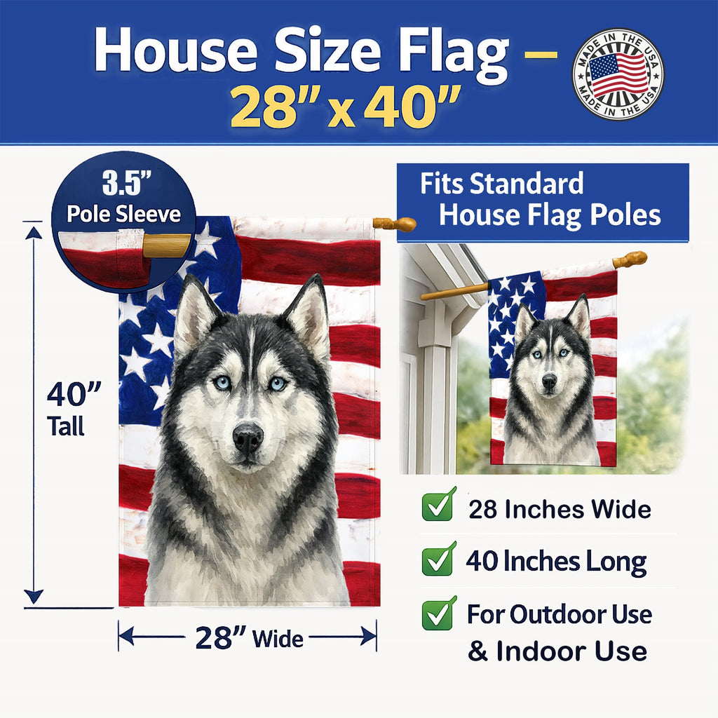 Black and White Siberian Husky American Flag House Flag 28x40 Porch Sleeve Pole Decorative Outside Yard Banner Artwork Wall Hanging, Polyester