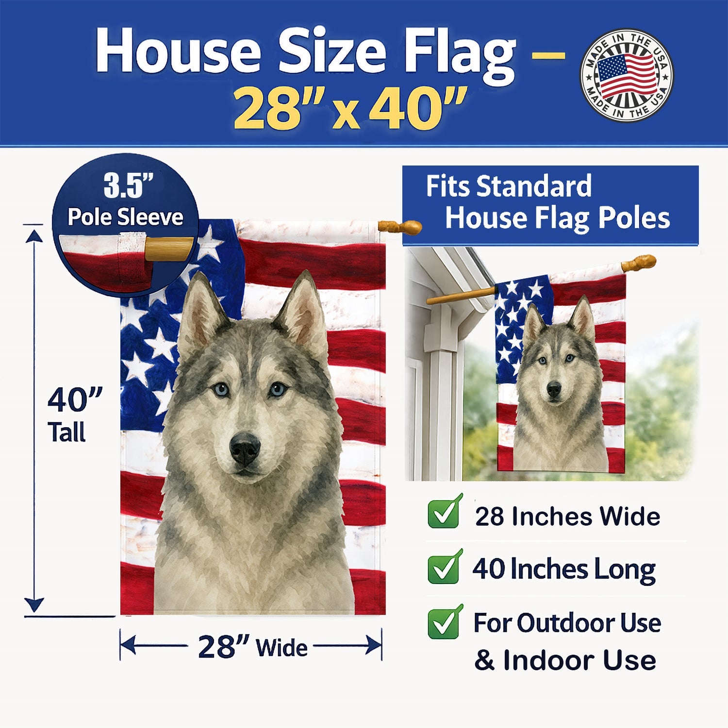 Gray and White Siberian Husky American Flag House Flag 28x40 Porch Sleeve Pole Decorative Outside Yard Banner Artwork Wall Hanging, Polyester