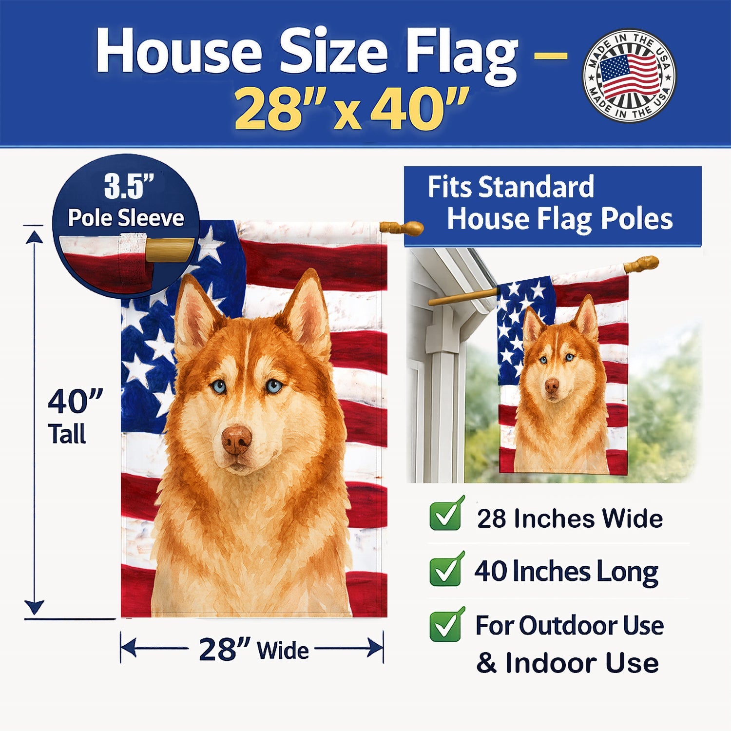 Red and White Siberian Husky American Flag House Flag 28x40 Porch Sleeve Pole Decorative Outside Yard Banner Artwork Wall Hanging, Polyester
