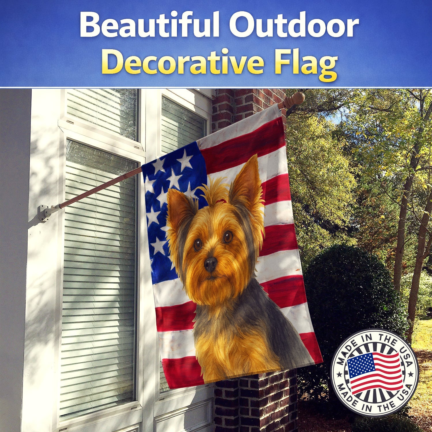Blue and Tan Yorkshire Terrier American Flag House Flag 28x40 Porch Sleeve Pole Decorative Outside Yard Banner Artwork Wall Hanging, Polyester