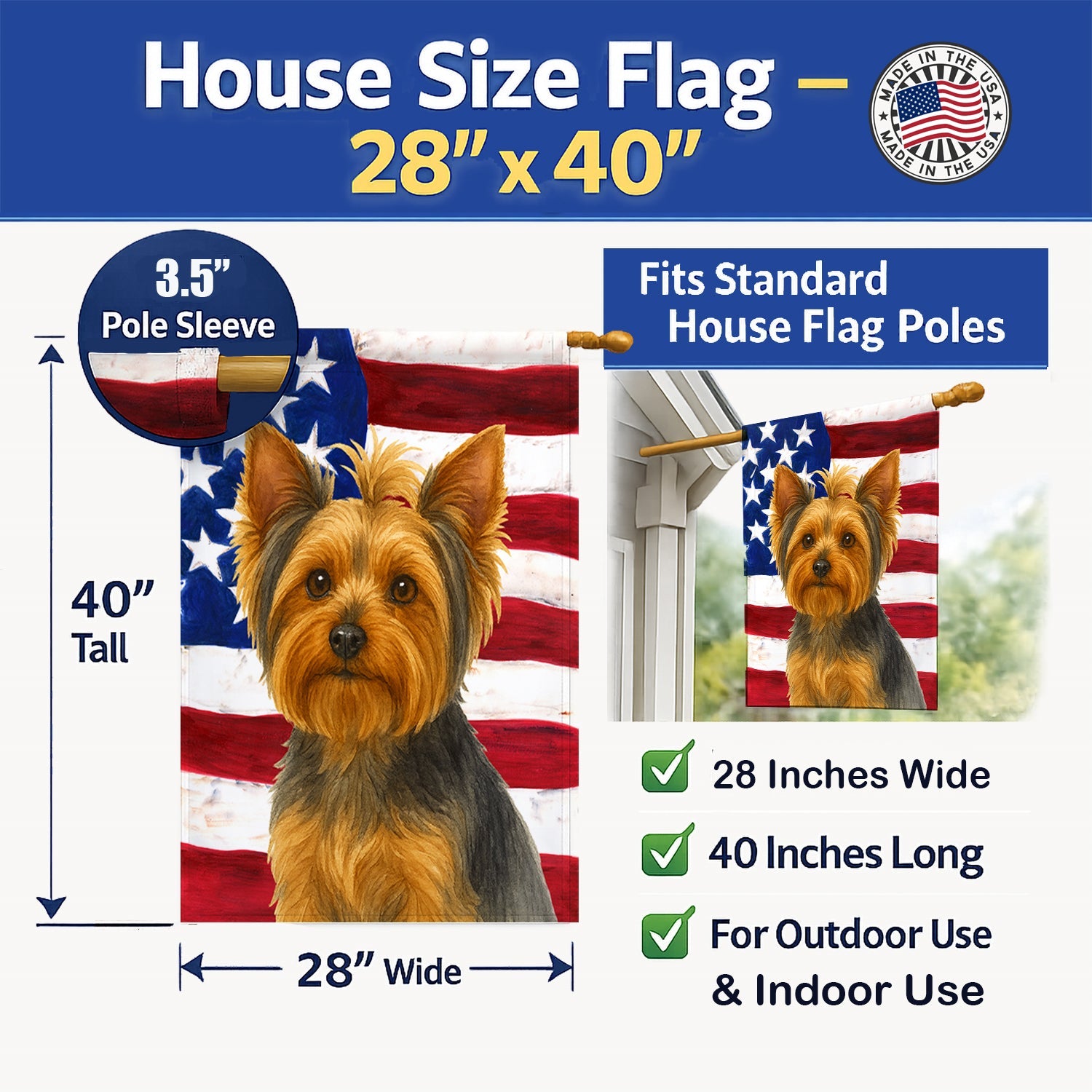 Blue and Tan Yorkshire Terrier American Flag House Flag 28x40 Porch Sleeve Pole Decorative Outside Yard Banner Artwork Wall Hanging, Polyester