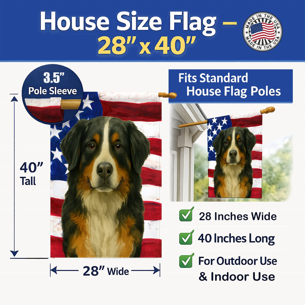 Bernese Mountain Dog American Flag House Flag 28x40 Porch Sleeve Pole Decorative Outside Yard Banner Artwork Wall Hanging, Polyester