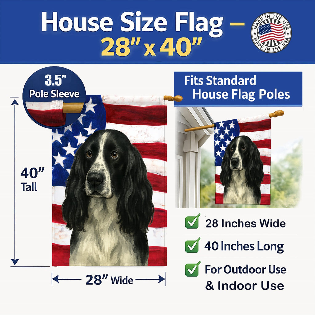 Black and White English Springer Spaniel American Flag House Flag 28x40 Porch Sleeve Pole Decorative Outside Yard Banner Artwork Wall Hanging, Polyester