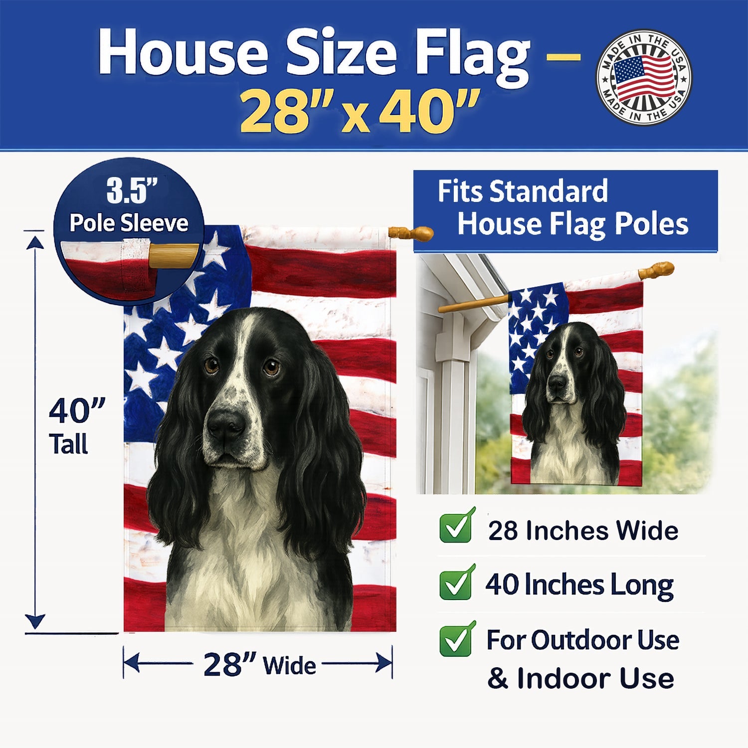 Black and White English Springer Spaniel American Flag House Flag 28x40 Porch Sleeve Pole Decorative Outside Yard Banner Artwork Wall Hanging, Polyester