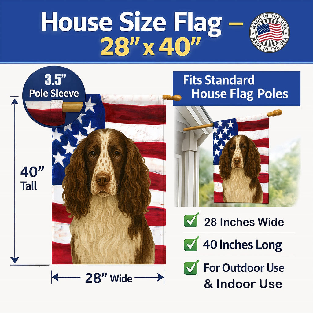 Liver and White English Springer Spaniel American Flag House Flag 28x40 Porch Sleeve Pole Decorative Outside Yard Banner Artwork Wall Hanging, Polyester